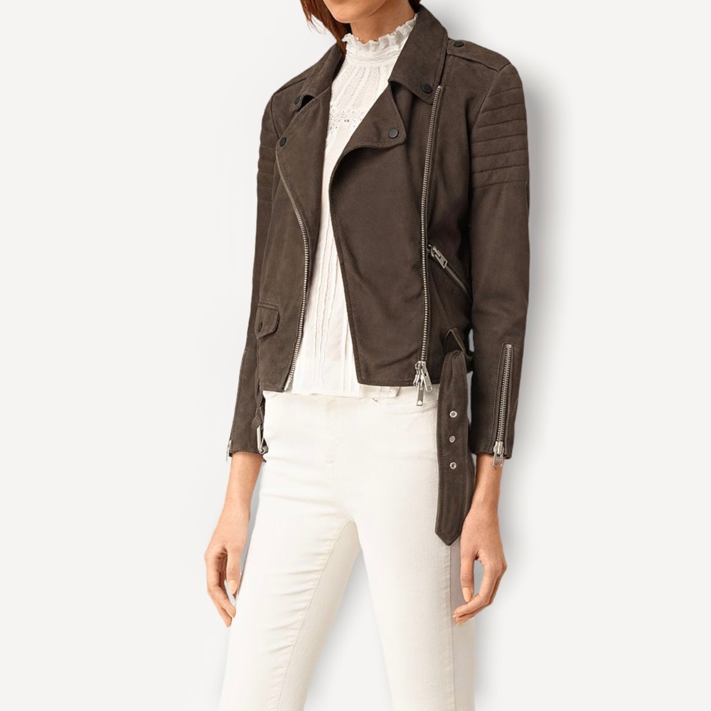 ALLSAINTS Hitchen Brown Suede Leather Biker Jacket Size 00‎